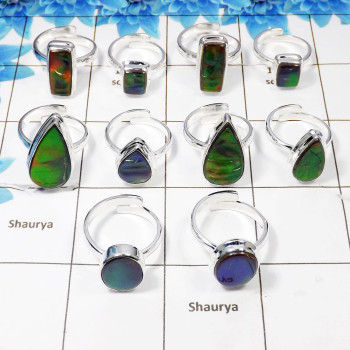 10 Pcs Ammolite Gemstone Mix Shape Silver Adjustable Ring-Ammolite001