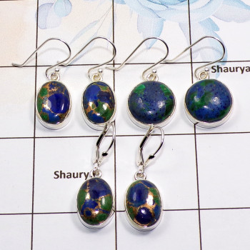 3 Pair Azurite in Malachite Gemstone Cab Earring A - BVE977 Cab Solid 925 Sterling Silver Plain Earring Wholesale Lot