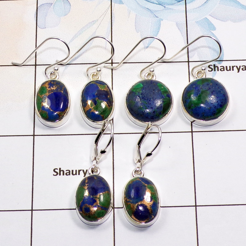 3 Pair Azurite in Malachite Gemstone Cab Earring A - BVE977 Cab Solid 925 Sterling Silver Plain Earring Wholesale Lot