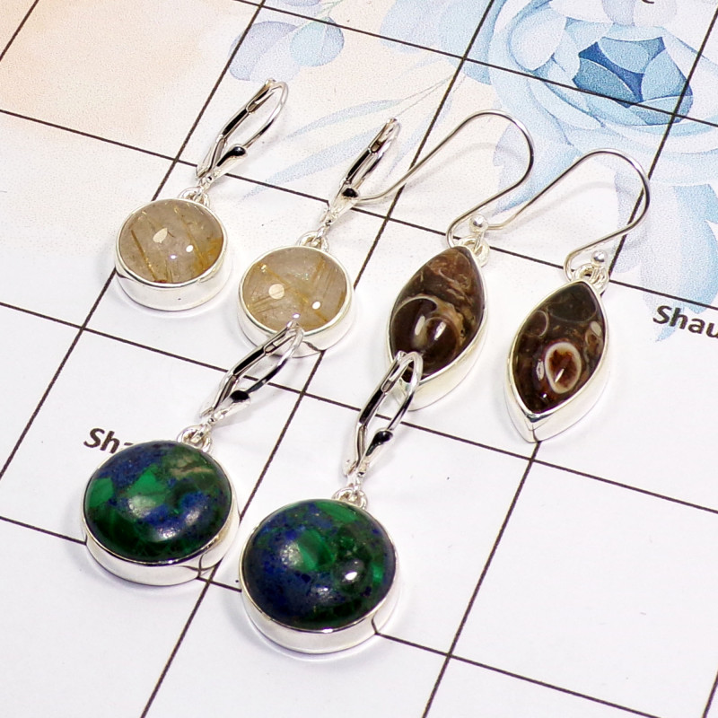3 Pair Multi Gemstone Cab Earring A - BVE982 Cab Golden Rutile, Azurite in malachite, Turtella Jasper Solid 925 Sterling Silver 3 Pair Multi Gemstone Cab Earring A - BVE982 Cab Golden Rutile, Azurite in malachite, Turtella Jasper Solid 925 Sterling Silver