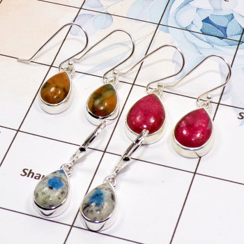 3 Pair Multi Gemstone Cab Earring A - BVE985 Cab Thulite, K2 Jasper & Rhyolite Solid 925 Sterling Silver Plain Earring Wholesale