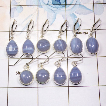 5 Pair Blue Lace Agate Gemstone Earring A - BVE994 Cab Blue Lace Agate Solid 925 Sterling Silver Plain Earring Wholesale Lot