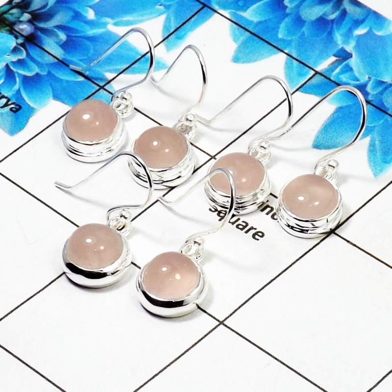 3 Pair Beautifui Rose Quartz Cab Earring A - BVE996 Round Rose Quartz Solid 925 Sterling Silver Plain Earring Lot 3 Pair Beautifui Rose Quartz Cab Earring A - BVE996 Round Rose Quartz Solid 925 Sterling Silver Plain Earring Lot