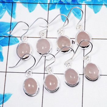 4 Pair Beautifui Rose Quartz Cab Earring B - BVE996 Oval Rose Quartz Solid 925 Sterling Silver Plain Earring Lot