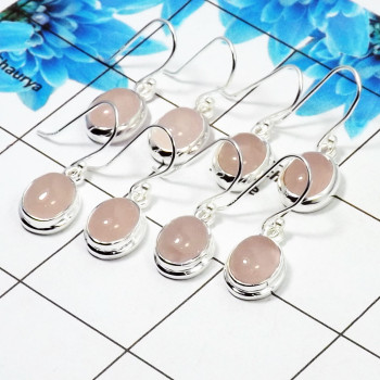 4 Pair Beautifui Rose Quartz Cab Earring B - BVE996 Oval Rose Quartz Solid 925 Sterling Silver Plain Earring Lot