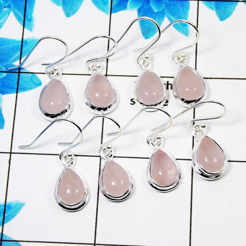 4 Pair Beautifui Rose Quartz Cab Earring C - BVE996 Pan Rose Quartz Solid 925 Sterling Silver Plain Earring Lot 4 Pair Beautifui Rose Quartz Cab Earring C - BVE996 Pan Rose Quartz Solid 925 Sterling Silver Plain Earring Lot