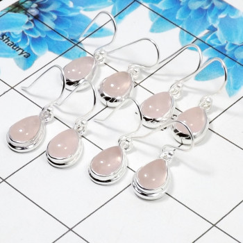 4 Pair Beautifui Rose Quartz Cab Earring C - BVE996 Pan Rose Quartz Solid 925 Sterling Silver Plain Earring Lot