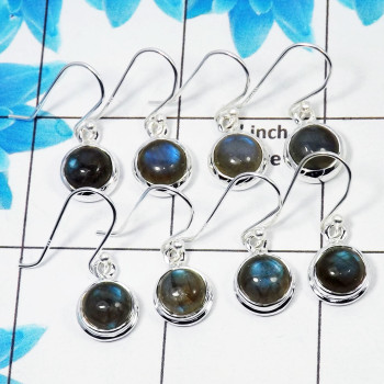 4 Pair Charming Labradorite Cab Earring N - BVE996 Round Labradorite Solid 925 Sterling Silver Plain Earring Lot