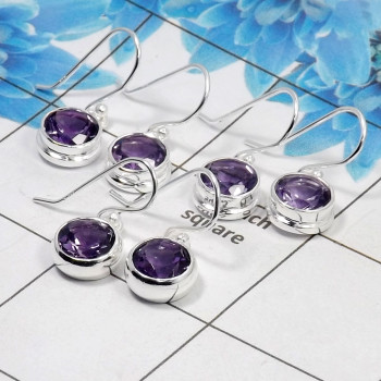3 Pair Beautiful Amethyst Cut Earring A - BVE997 Round Amethyst Solid 925 Sterling Silver Earring Lot