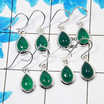4 Pair Wonderful Green Onyx Cab Earring R - BVE997 Pan Green Onyx Solid 925 Sterling Silver Earring Lot