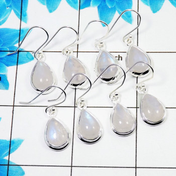 4 Pair Natural Rainbow Moonstone Cab Earring U - BVE997 Pan Rainbow Moonstone Solid 925 Sterling Silver Earring Lot