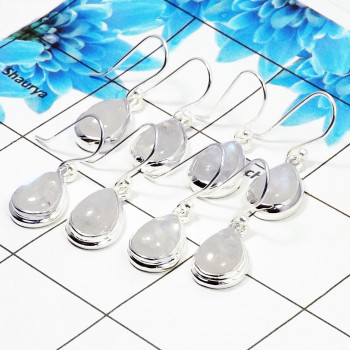 4 Pair Natural Rainbow Moonstone Cab Earring U - BVE997 Pan Rainbow Moonstone Solid 925 Sterling Silver Earring Lot