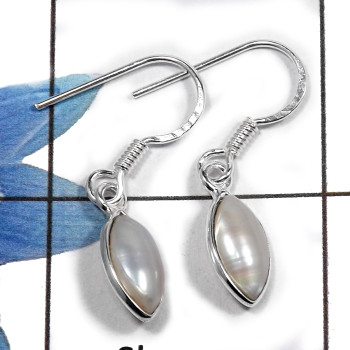 Pearl G - BZE703 - Newly Handmade Design Bezel White Pearl  Earrings 925 Sterling Silver Cab Gemstone
