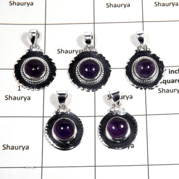 5 pcs Amethyst Pendant - D CPJ992 - Natural Purple Amethyst Cabochon Gemstone 925 Sterling Silver Pendant