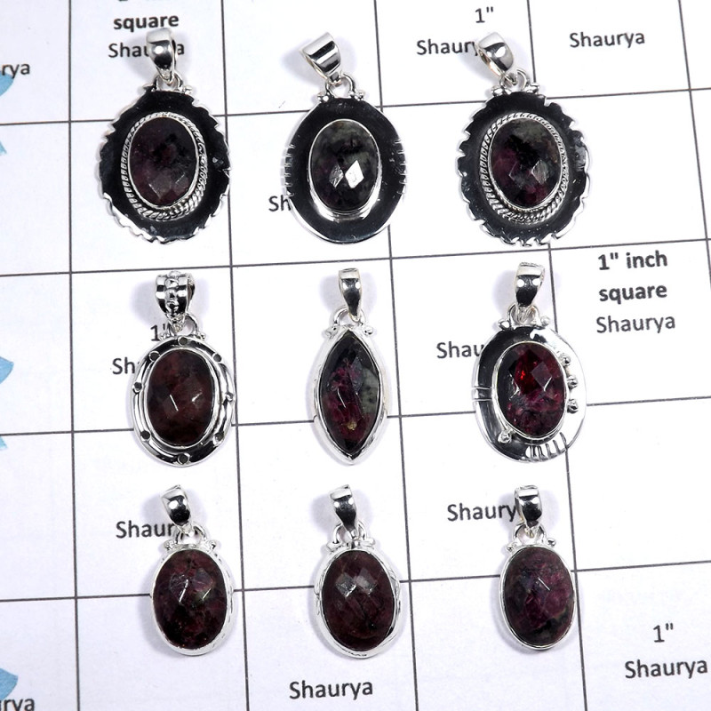 9 pcs Eudialyte Pendant - O CPJ993 - Natural Eudialyte Checker Cut Gemstone 925 Sterling Silver Wholesale Pendants
