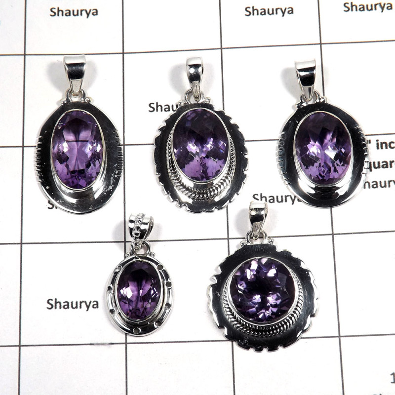5 pcs Amethyst Pendant - D CPJ994 - Awesome Natural Purple Amethyst Cut Gemstone 925 Sterling Silver Pendant