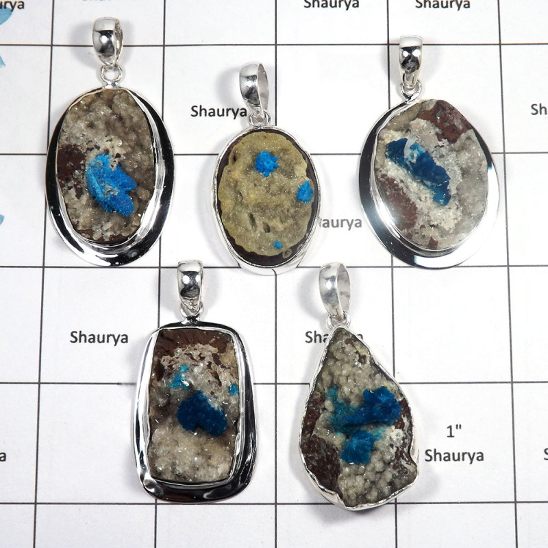5 pcs Cavansite Druzy Pendant - E CPJ995 - Natural Cavansite Druzy Gemstone 925 Sterling Silver Plain Setting Big Pendant