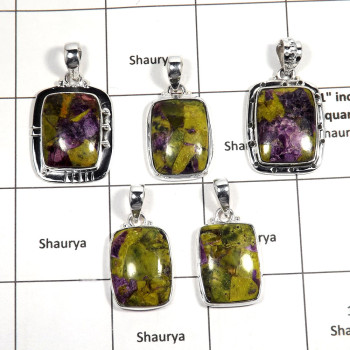 5 pcs Stichtite Pendant - I CPJ995 - Solid 92.5% Sterling Silver Natural Green Stichtite Gemstone Pendant