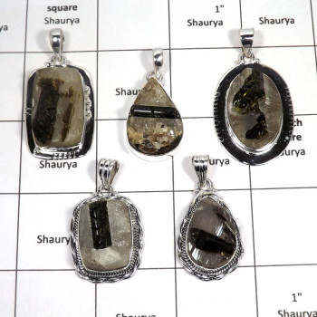 5 pcs Tourmaline Specimen Pendants - G CPJ998 - Natural Black Tourmaline Specimen 925 Sterling Silver Plain Setting Huge Pendant