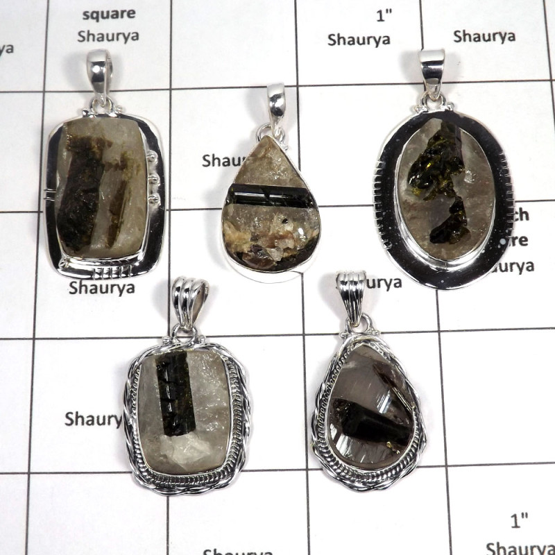 5 pcs Tourmaline Specimen Pendants - G CPJ998 - Natural Black Tourmaline Specimen 925 Sterling Silver Plain Setting Huge Pendant