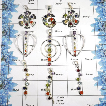 9 pcs Cut Chakra Pendants - D CPJ999 - Natural Multi Cut Gemstone 925 Sterling Silver Healing Chakra Pendant