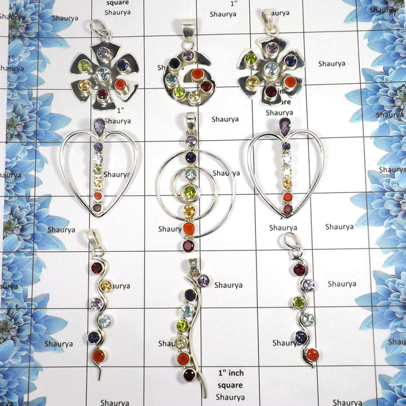 9 pcs Cut Chakra Pendants - D CPJ999 - Natural Multi Cut Gemstone 925 Sterling Silver Healing Chakra Pendant