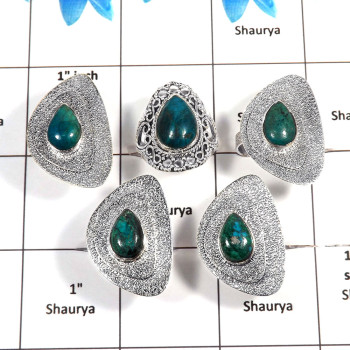 5 pcs Chrysocolla Rings - E CRJ004- Solid 92.5% Sterling Silver Natural Chrysocolla Cabochon Gemstone Ring