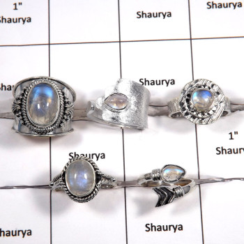 5 pcs Rainbow Moonstone Rings - E CRJ005 - Solid 925 Sterling Silver Natural Blue Fire Rainbow Moonstone Gemstone Designer Ring