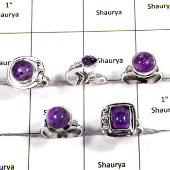 5 pcs Amethyst Rings - O CRJ005 - Latest Collection Natural Amethyst Cabochon Gemstone 925 Sterling Silver Handmade Ring