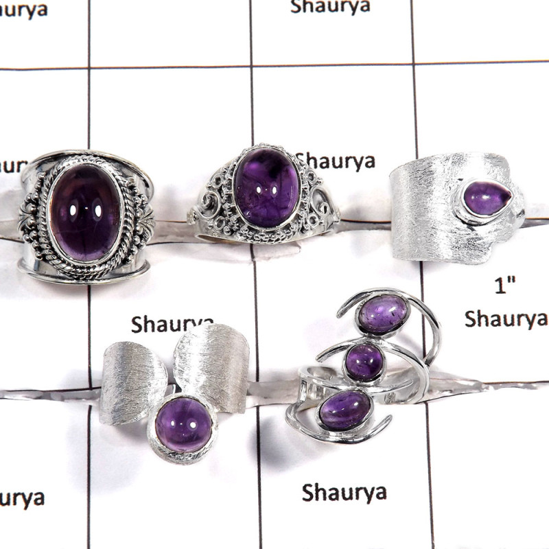 5 pcs Amethyst Rings - B CRJ006 - Natural Purple Amethyst Gemstone 925 Sterling Silver Designer Lots Ring