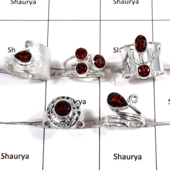 5 pcs Garnet Rings - B CRJ007 - Indian Factory Made 925 Sterling Silver Natural Red Garnet Gemstone Handmade Ring