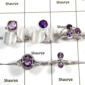 5 pcs Amethyst Rings - C CRJ007 - Solid 92.5% Sterling Silver Natural Purple Amethyst Cut Gemstone Designer Ring