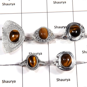 5 pcs Tiger eye Rings - D CRJ007 - Gorgeous Natural Brown Tiger Eye Gemstone 925 Sterling Silver Designer Ring