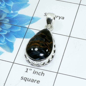 Natural Pietersite Cab Pendant B - ISP500 - Pear Shape Solid 925 Sterling Silver Plain Setting Pendant