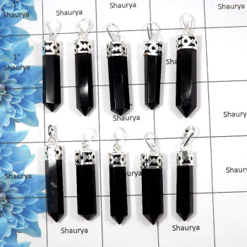 Black Obsidian - A - MTS999 - 10 Pcs White Metal-Non Silver Natural Black Obsidian Pencil Metaphysical Pendant Wholesale Lots