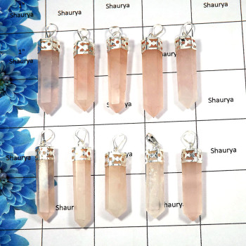 Rose Quartz - D - MTS999 - 10 Pcs Lots Natural Rose Quartz Gemstone White Metal-Non Silver Metaphysical Pendant