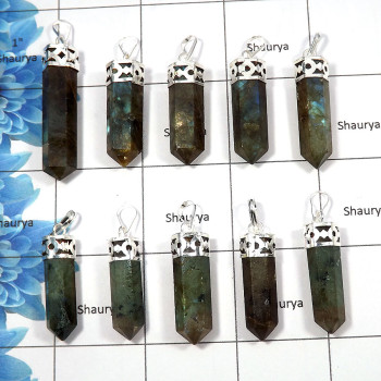 Labradorite - F - MTS999 - 10 Pcs Lots White Metal-Non Silver Metaphysical Pendants Natural Labradorite Pencil Wholesale Lots