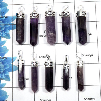 Amethyst - H - MTS999 - 10 Pcs Lots White Metal-Non Silver Newly Arrival Natural Purple Amethyst Pencil Metaphysical Pendants