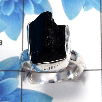 Black Tourmaline Rough A - NDS955 - Natural Black Tourmaline Rough Solid 925 Sterling Silver Adjustable Ring