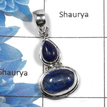 kyanite & Lapis A - NSP947 -  Gorgeous Natural Blue Lapis & Kyanite Cab Gemstone 925 Sterling Silver Plain Setting Pendant