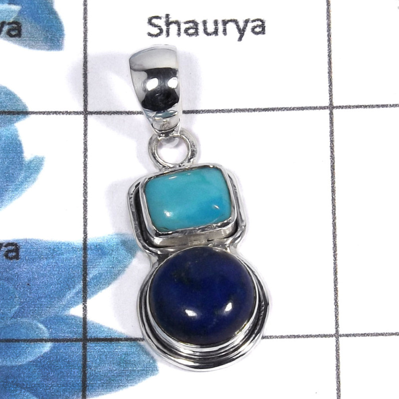 Lapis & Blue Turquoise Cab B - NSP952 - Indian Factory Made Solid 925 Sterling Silver Plain Setting Pendant