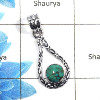 Tibet Turquoise Cab O - NSP965 - Tibet Turquoise 8mm Round Cab Gemstone 925 Sterling Silver Designer Pendant