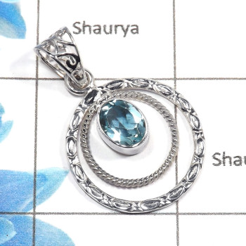 Blue Topaz Cut I - NSP978 - Natural Blue Topaz 7x9mm Oval Cut Gemstone 925 Sterling Silver Designer Pendant