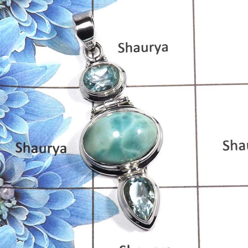 Larimar Cab & Blue Topaz Cut D - NSP985 - Indian Company Made Solid 925 Sterling Silver Plain Setting Pendant
