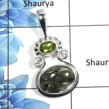 Seraphinite Cab & Peridot Cut - D NSP990 - Indian Factory Made Solid 92.5% Sterling Silver Designer Pendant