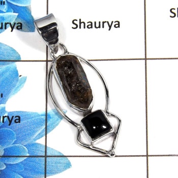 Herkimer & Black Onyx Cut C - NSP998 - Natural Herkimer Diamond & Black Onyx Gemstone 925 Silver Plain Setting Pendant