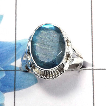 Labradorite Cut A - PSR732 - Solid 925 Sterling Silver Natural Blue Fire Labradorite Cut Gemstone Plain Setting Ring