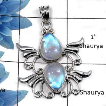 Rainbow Moonstone SALE831 - Natural Blue Fire Rainbow Moonstone Gemstone 925 Sterling Silver Designer Pendant