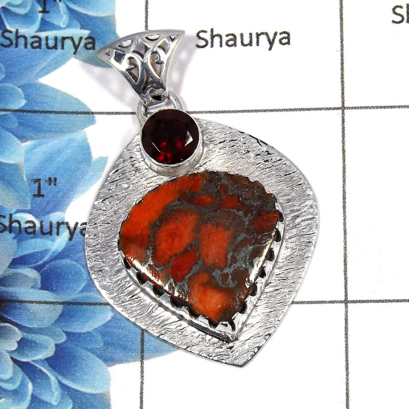 Red Copper Turquoise & Garnet - SALE998 - Red Copper Turquoise & Garnet STone 925 Sterling Silver New Year Sale Pendant