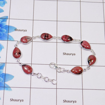 Rhodonite Bracelet B - SBB888-Genuine Rhodonite Gemstone Made in 925 Sterling Silver Wholesale Bezel Bracelet Rhodonite Bracelet B - SBB888-Genuine Rhodonite Gemstone Made in 925 Sterling Silver Wholesale Bezel Bracelet